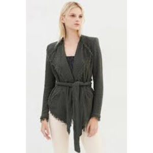 Iro Schala Jacket Wrap Self Tie Belt Fringe Green Tweed Size 34 US Size XS EUC